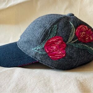 Banana Republic new upcycled Navy Herringbone Baseball Hat with Tulip Embroidery